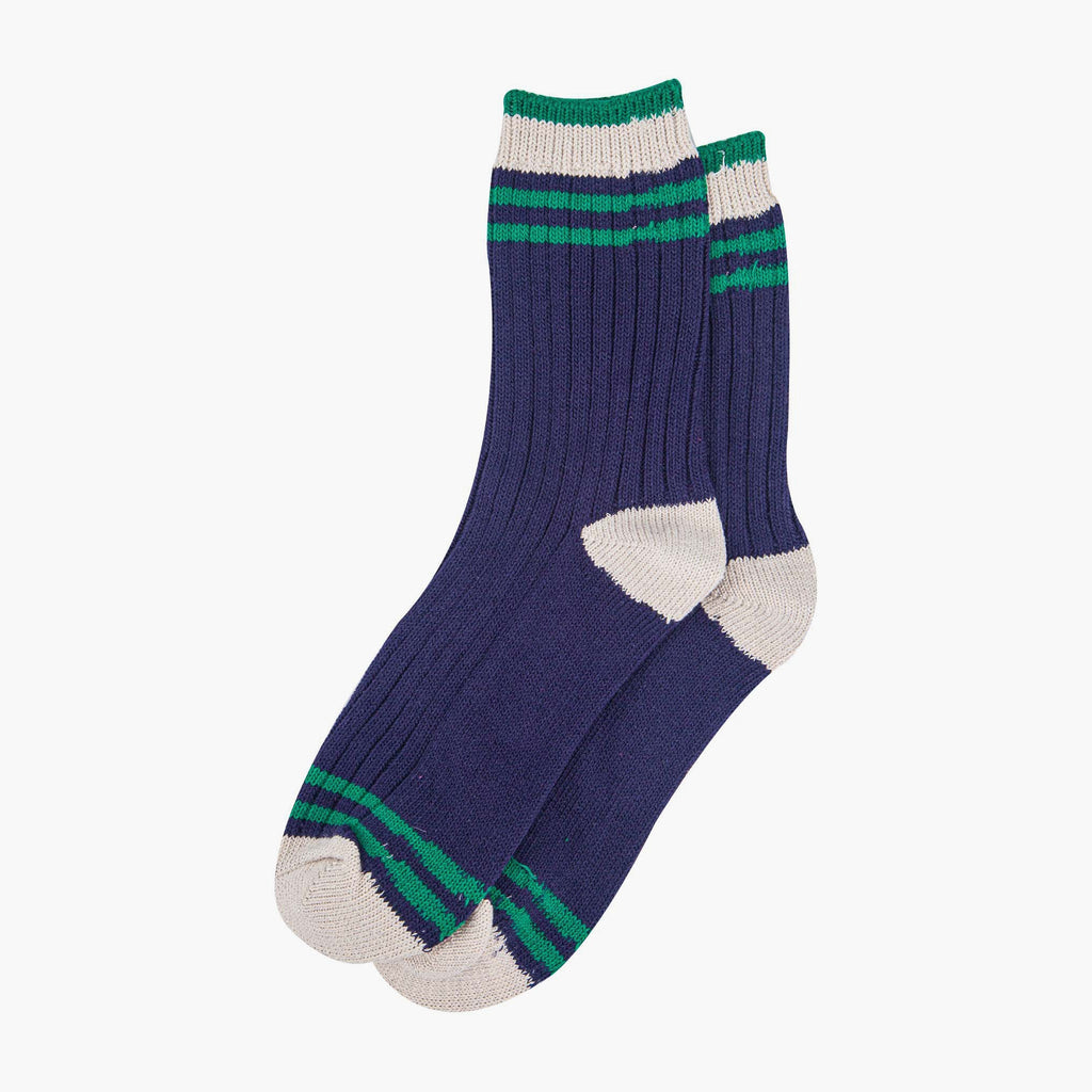 womens-mid-calf-socks-navy-blue-green-striped-cuff-laying-flat