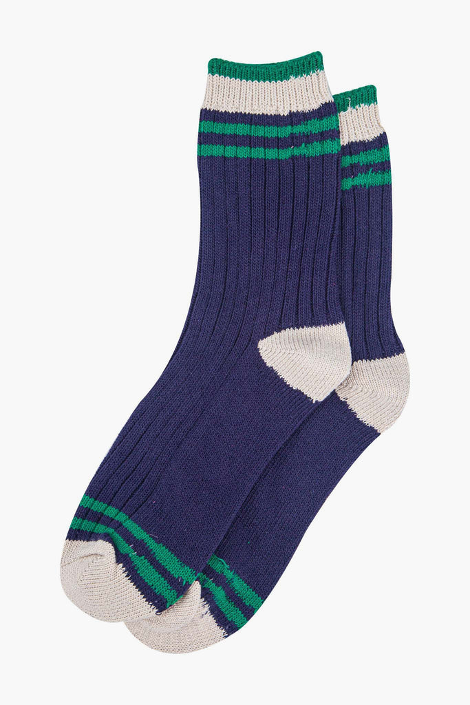 womens-mid-calf-socks-navy-blue-green-striped-cuff-laying-flat