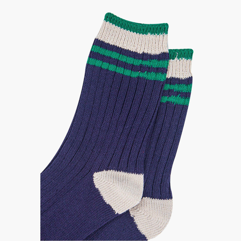 womens-mid-calf-socks-navy-blue-green-striped-cuff-close-up-material