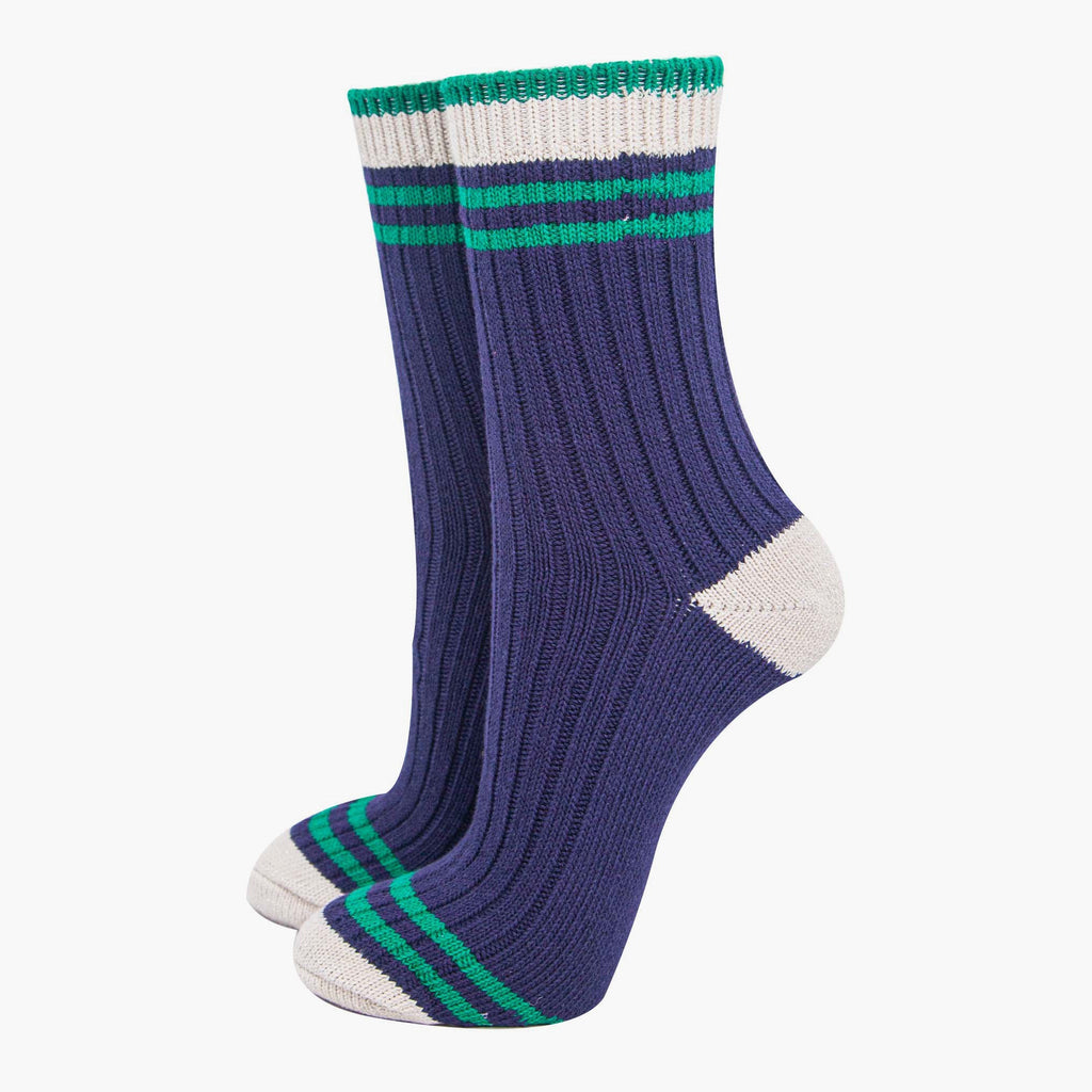 womens-mid-calf-socks-navy-blue-green-striped-cuff-thick-ribbed-cotton