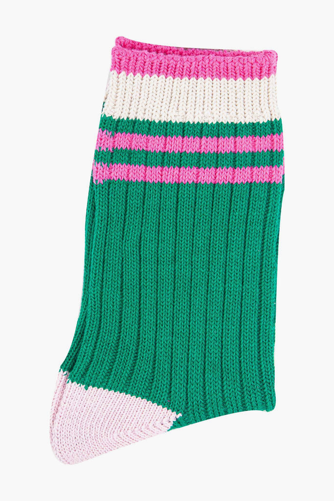 womens-mid-calf-socks-green-pink-striped-cuff-ribbed-cotton
