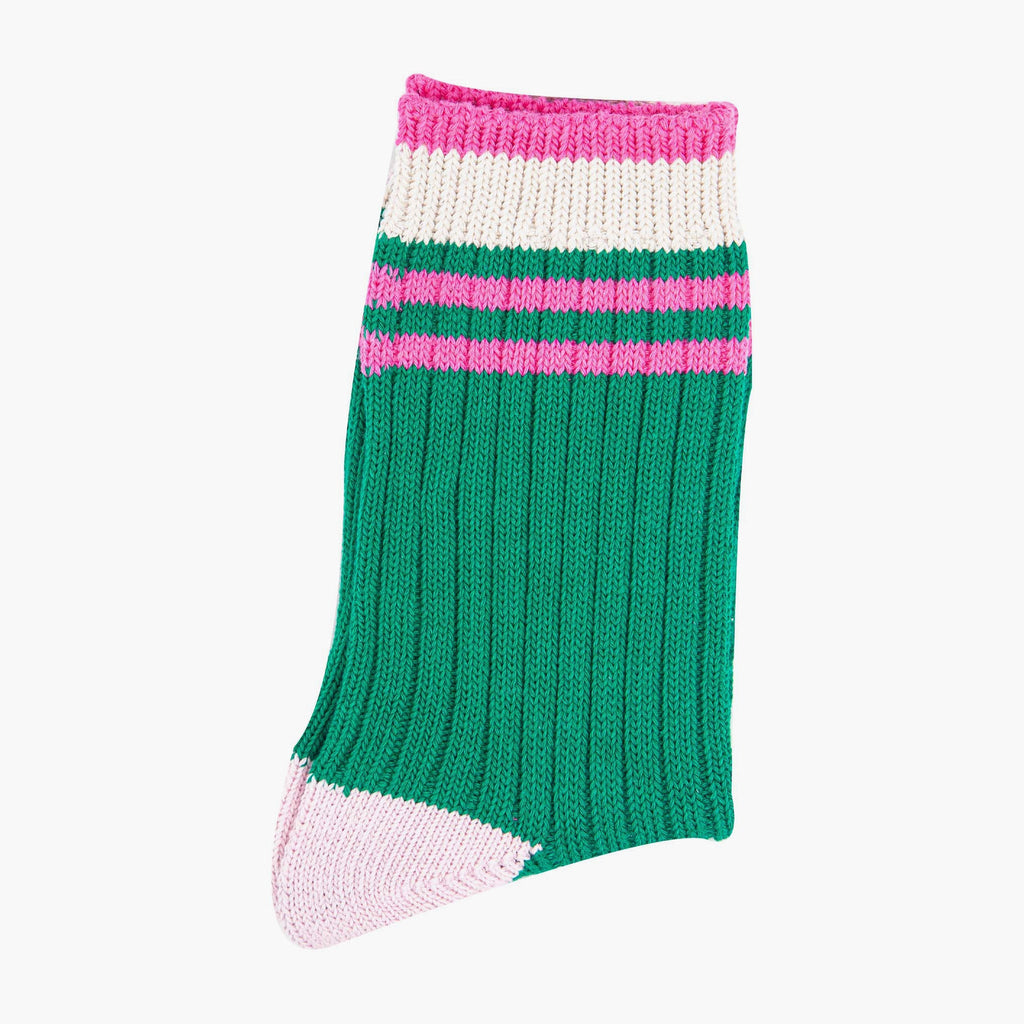 womens-mid-calf-socks-green-pink-striped-cuff-ribbed-cotton