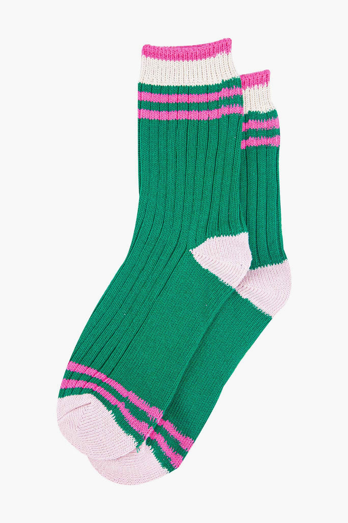 womens-mid-calf-socks-green-pink-striped-cuff-laying-flat