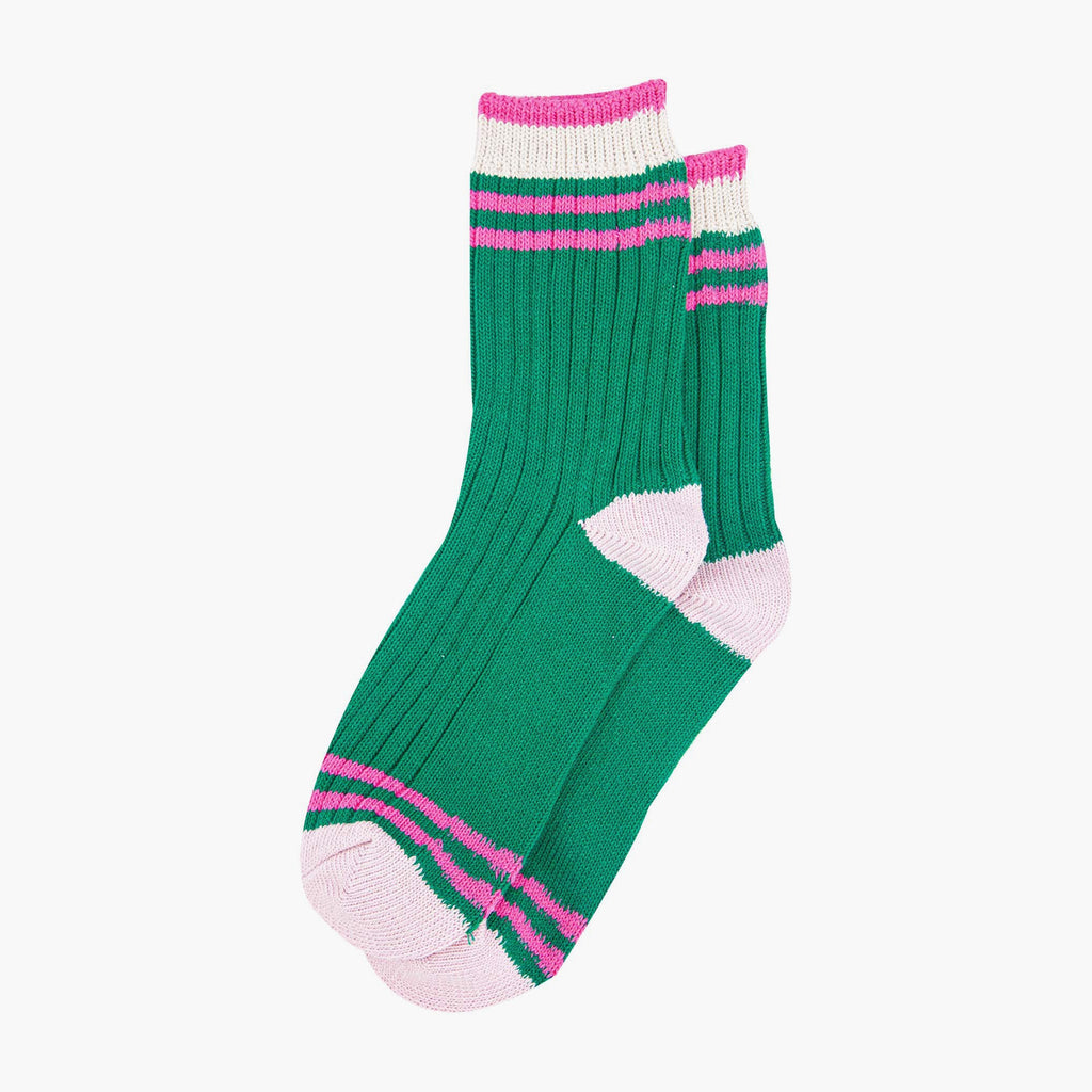 womens-mid-calf-socks-green-pink-striped-cuff-laying-flat