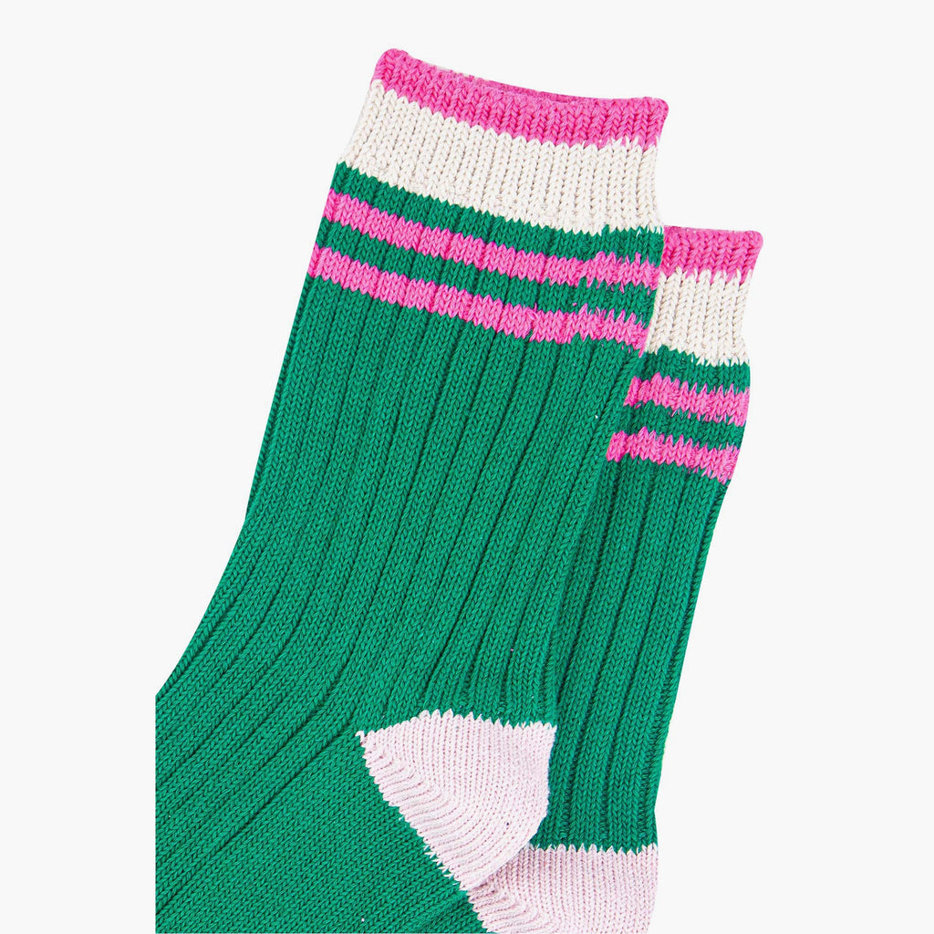 womens-mid-calf-socks-green-pink-striped-cuff-close-up