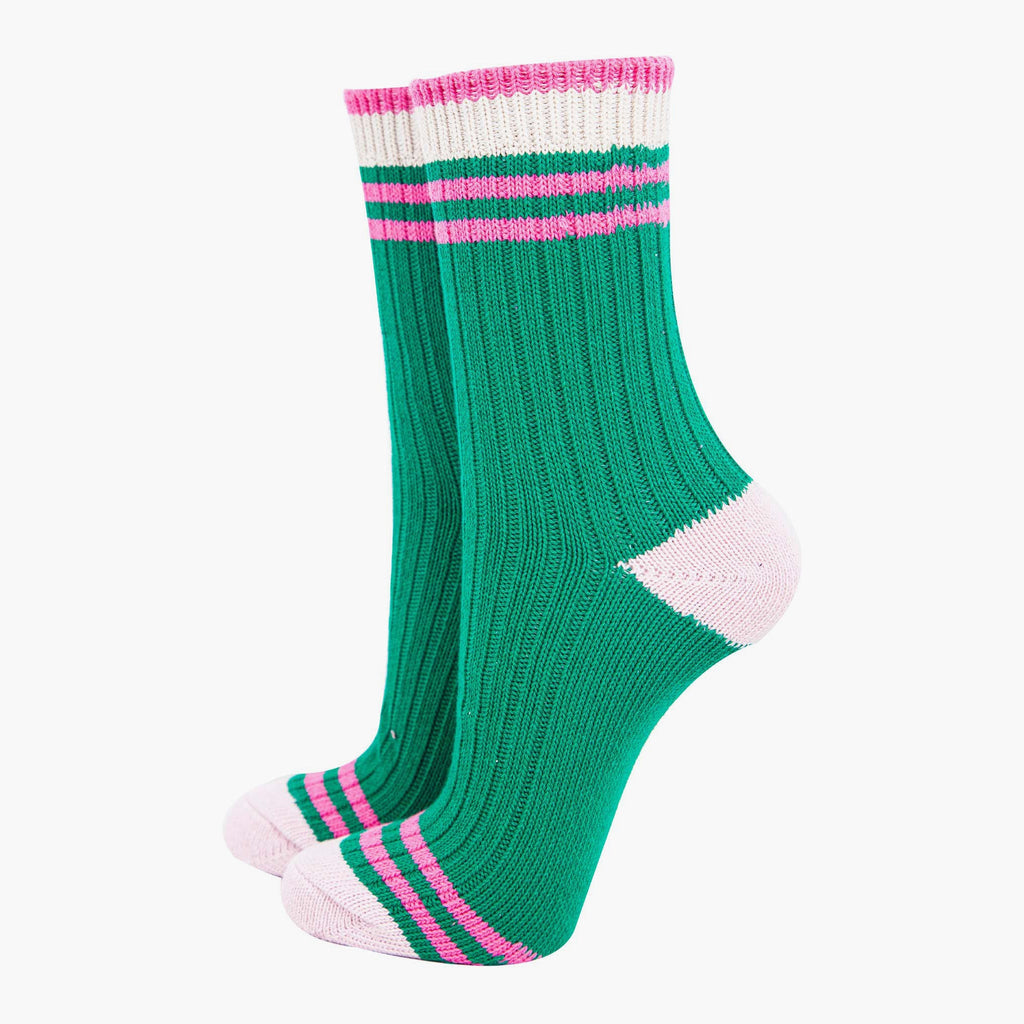 womens-mid-calf-socks-green-pink-striped-cuff-thick-ribbed-cotton