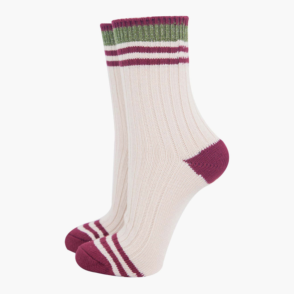 womens-mid-calf-socks-cream-khaki-striped-cuff-ribbed-cotton