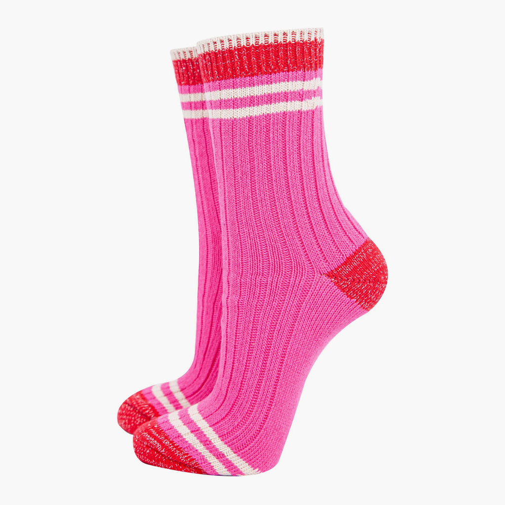 womens-mid-calf-socks-pink-red-striped-cuff-thick-ribbed-cotton