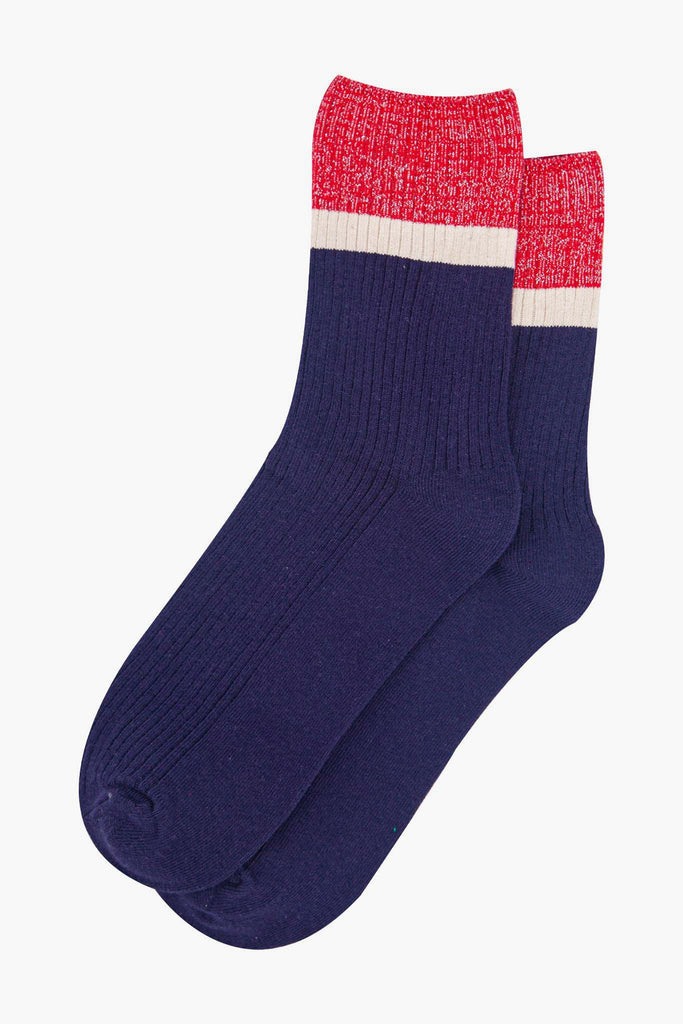 womens-mid-calf-socks-navy-blue-red-contrast-cuff-laying-flat