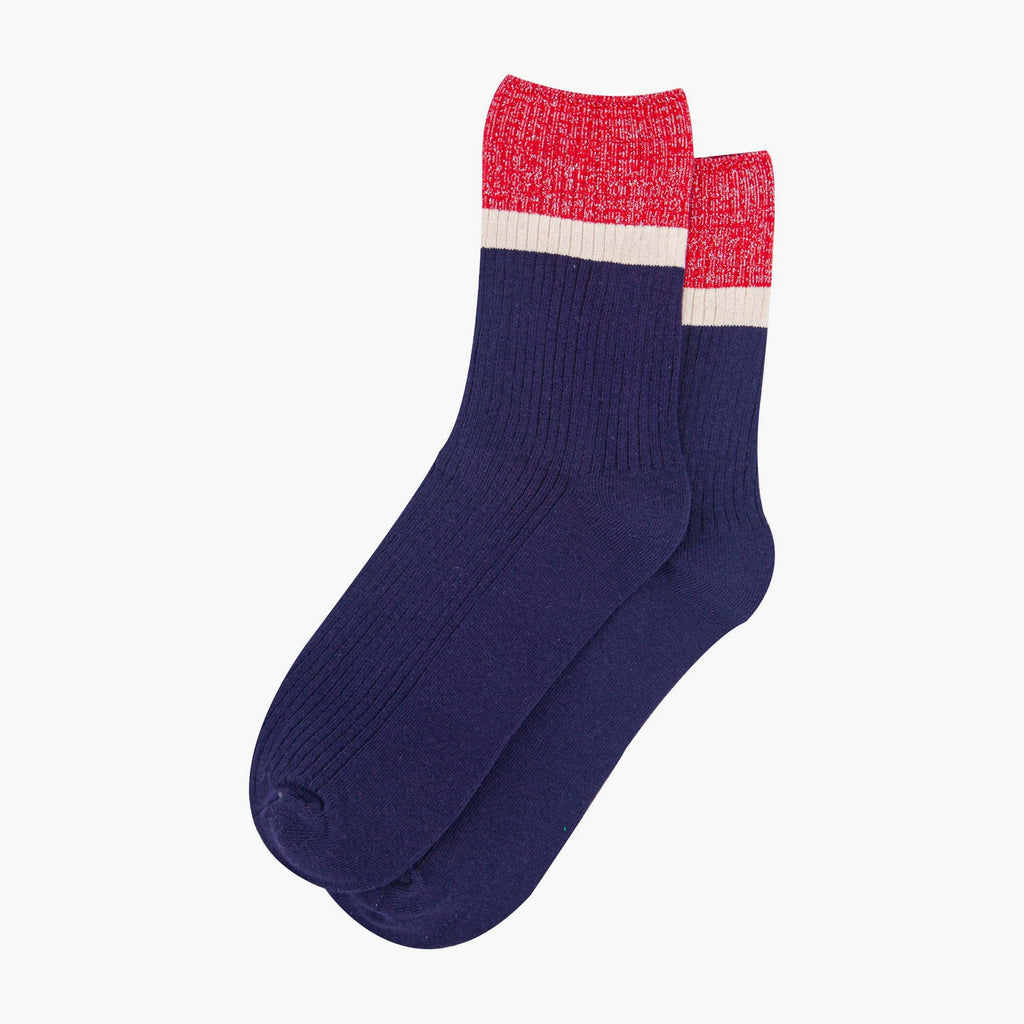 womens-mid-calf-socks-navy-blue-red-contrast-cuff-laying-flat