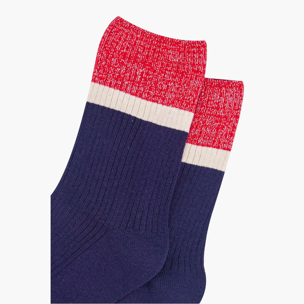 womens-mid-calf-socks-navy-blue-red-contrast-cuff-close-up-material