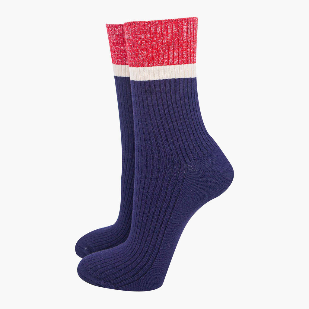 womens-mid-calf-socks-navy-blue-red-contrast-cuff-thick-ribbed-cotton