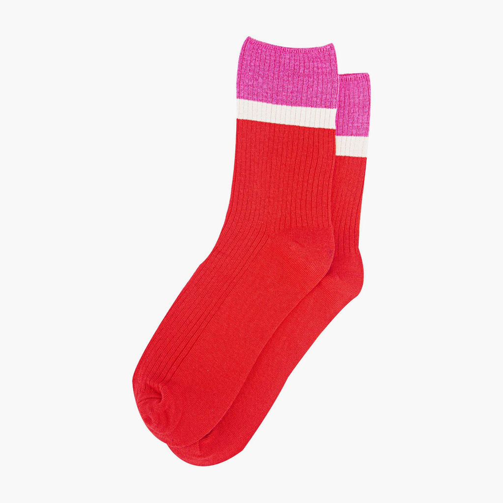 womens-mid-calf-socks-red-pink-contrast-cuff-laying-flat