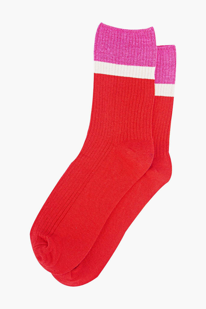 womens-mid-calf-socks-red-pink-contrast-cuff-laying-flat