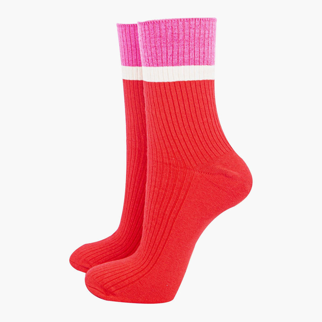 womens-mid-calf-socks-red-pink-contrast-cuff-thick-ribbed-cotton