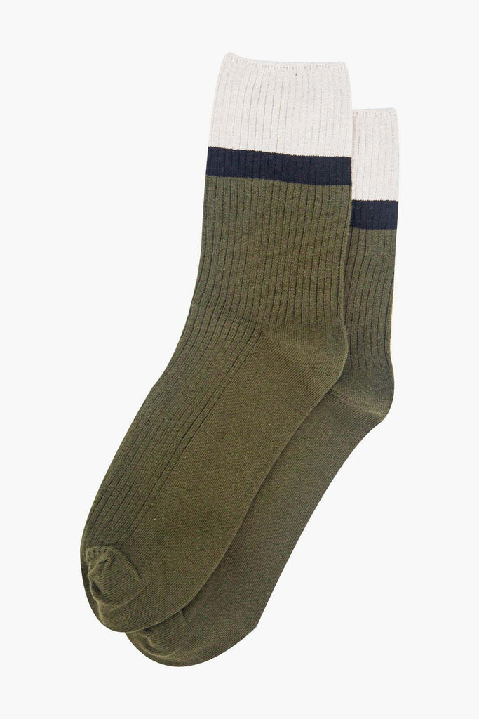womens-mid-calf-socks-khaki-cream-contrast-cuff-laying-flat