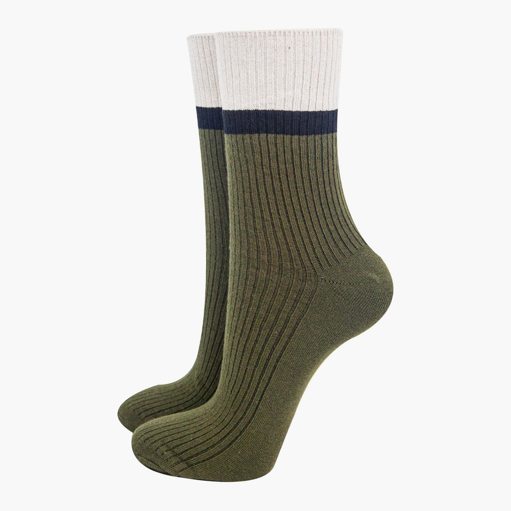 womens-mid-calf-socks-khaki-cream-contrast-cuff-thick-ribbed-cotton