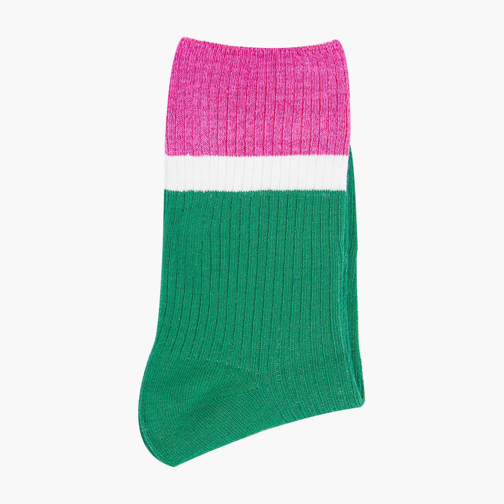 womens-mid-calf-socks-green-pink-contrast-cuff-folded-thick-cotton