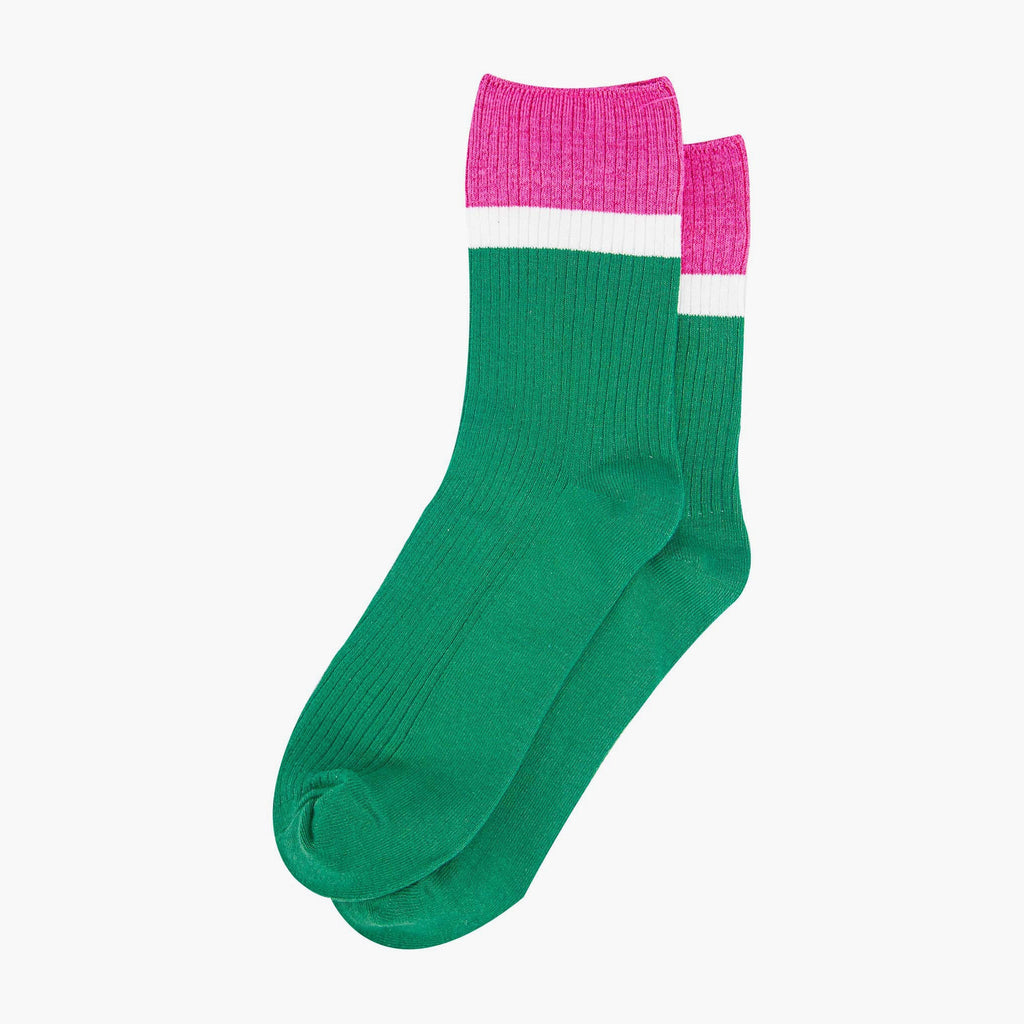 womens-mid-calf-socks-green-pink-contrast-cuff-laying-flat