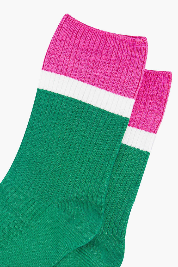 womens-mid-calf-socks-green-pink-contrast-cuff-close-up-material