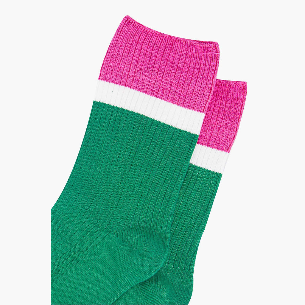 womens-mid-calf-socks-green-pink-contrast-cuff-close-up-material