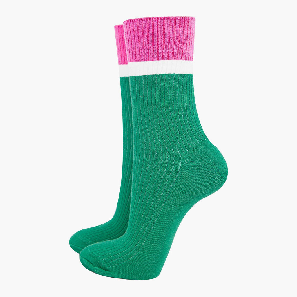 womens-mid-calf-socks-green-pink-contrast-cuff-thick-ribbed-cotton