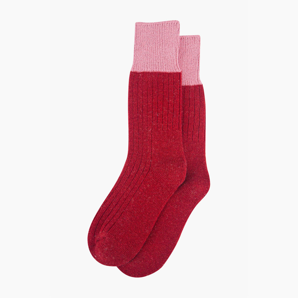 womens-mid-calf-socks-red-pink-colour-block-laying-flat