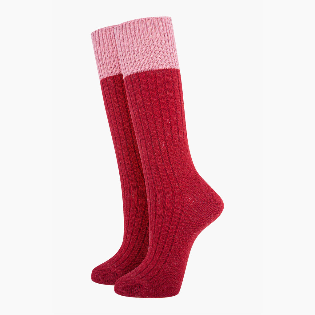 womens-mid-calf-socks-red-pink-colour-block-thick-wool-blend