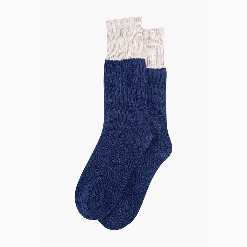 womens-mid-calf-socks-navy-blue-cream-colour-block-laying-flat