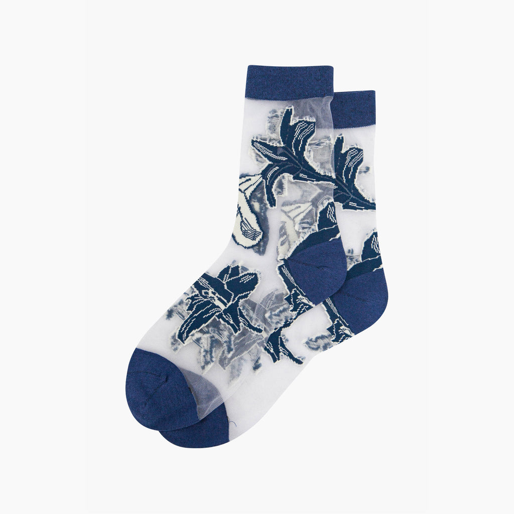 womens-sheer-ankle-socks-navy-blue-floral-laying-flat