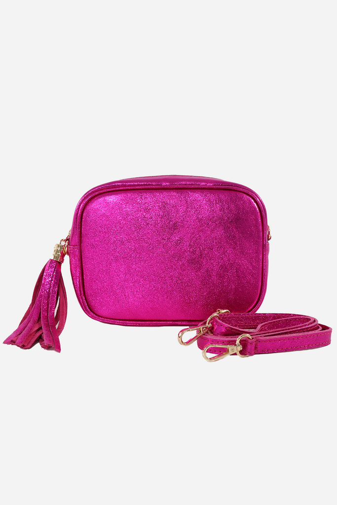 raspberry pink metallic leather crossbody bag with a matching detachable, adjustable bag strap