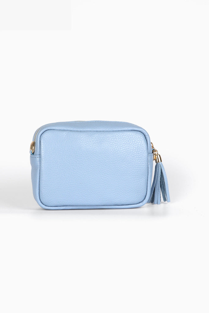 small azure blue leather camera bag 