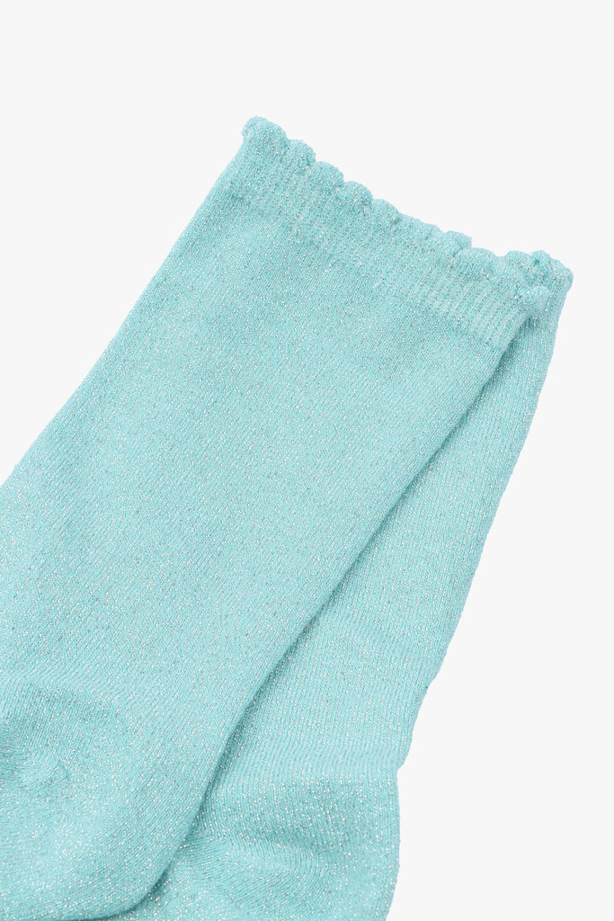 close up of the sparkly duck egg blue cotton socks