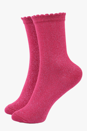 deep berry pink scalloped cuff ankle socks with an all over silver glitter sparkle