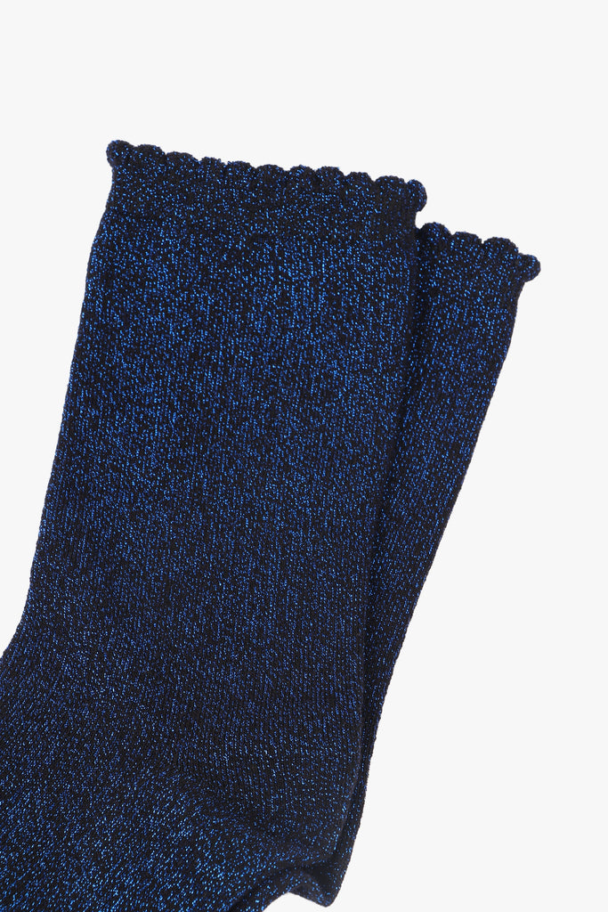 close up of the royal blue glitter sparkle on the ankle socks