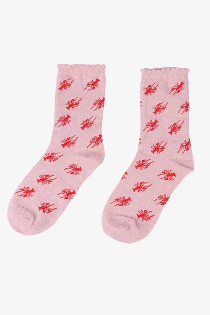 pink and red lobster socks with an all over silver glitter sparkle