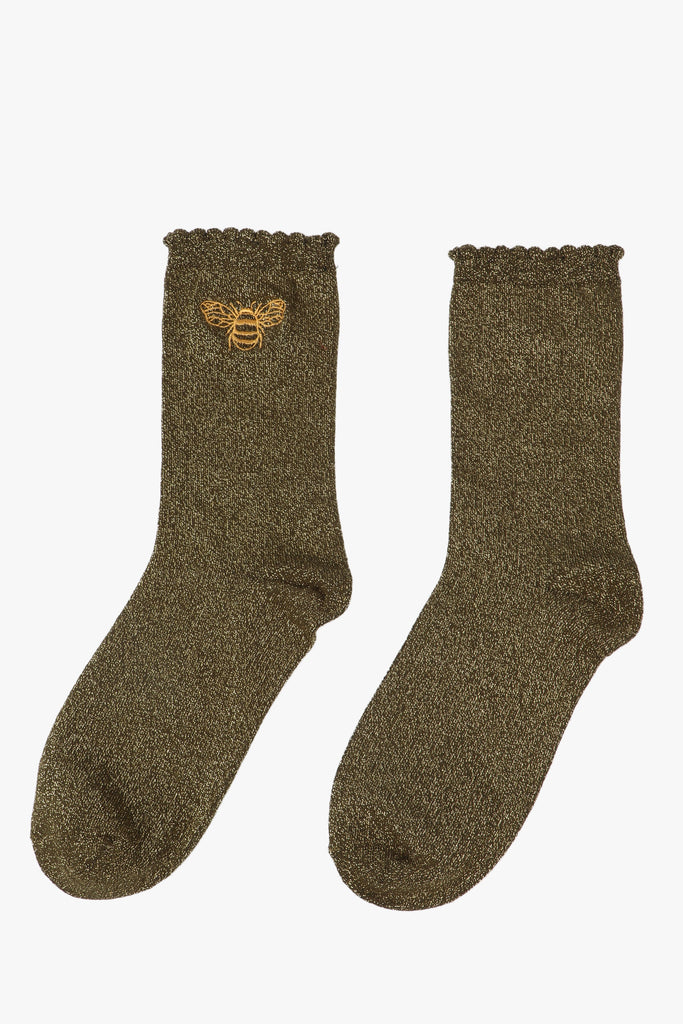 khaki ankle socks with an embroidered bee on the ankle
