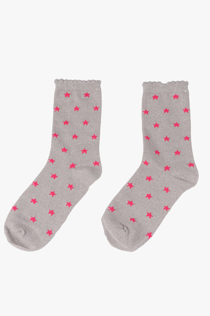 grey and fuchsia pink star print glitter socks with scalloped cuffs
