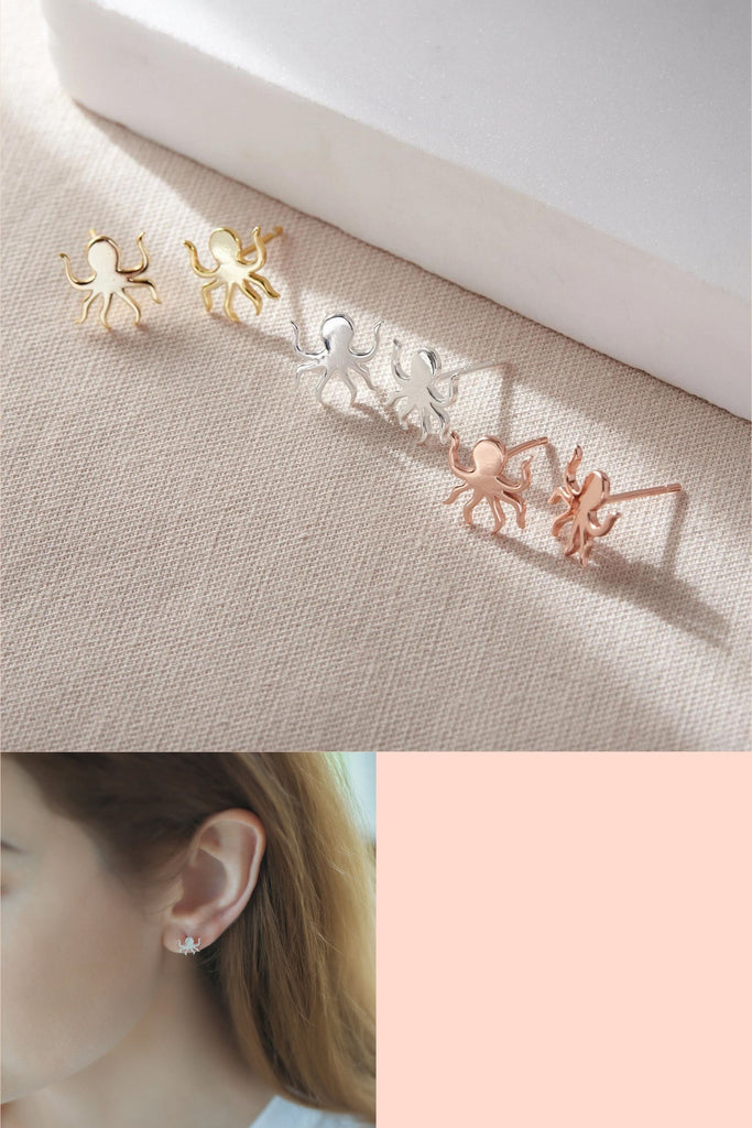 octopus stud earrings in silver, gold and rose gold S925 sterling silver