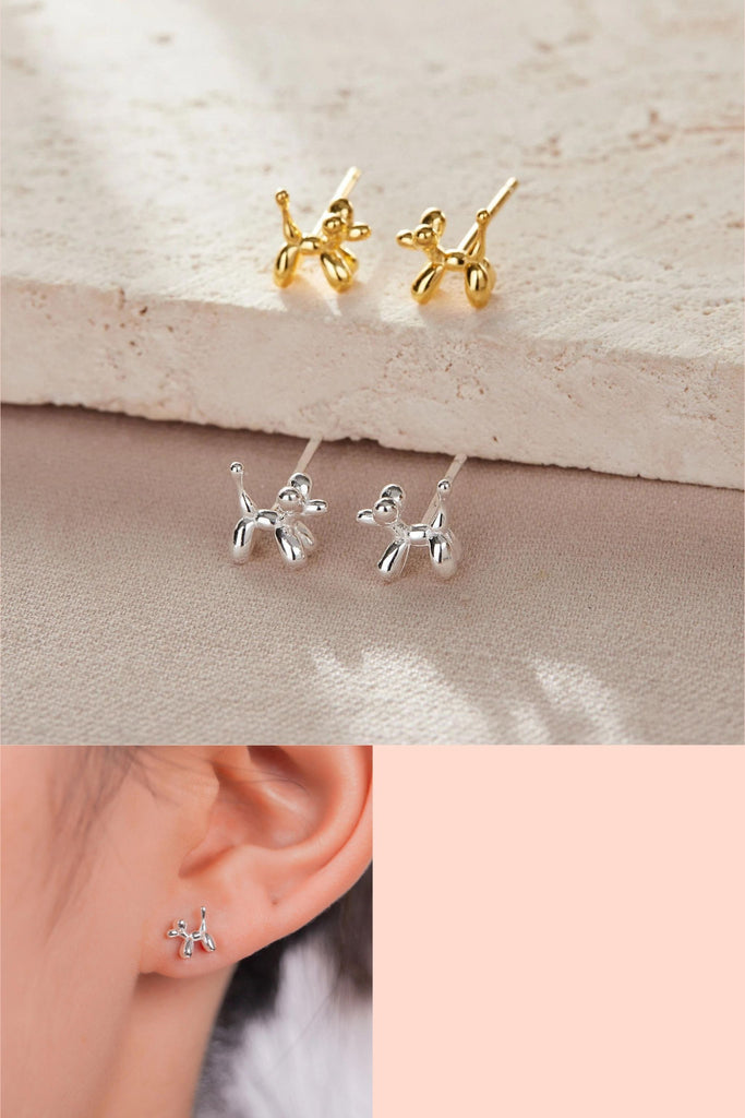 sterling silver stud earrings shaped like a balloon dog in both silver and gold colourways