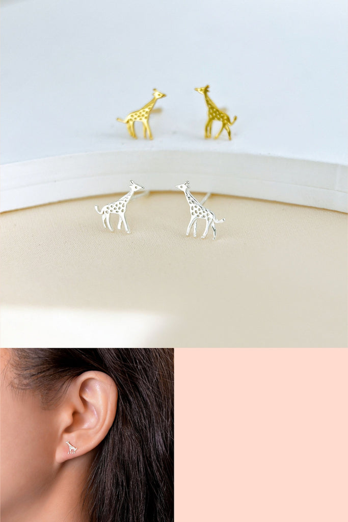 sterling silver dainty giraffe stud earrings in silver and gold, the giraffe print on the earrings is created with tiny holes, the earrings and small and dainty and have butterfly backs