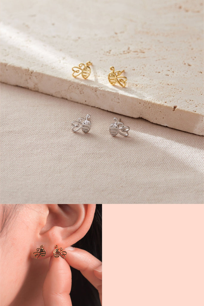 sterling silver and gold plated S925 dainty bumblebee stud earrings with butterfly backs,