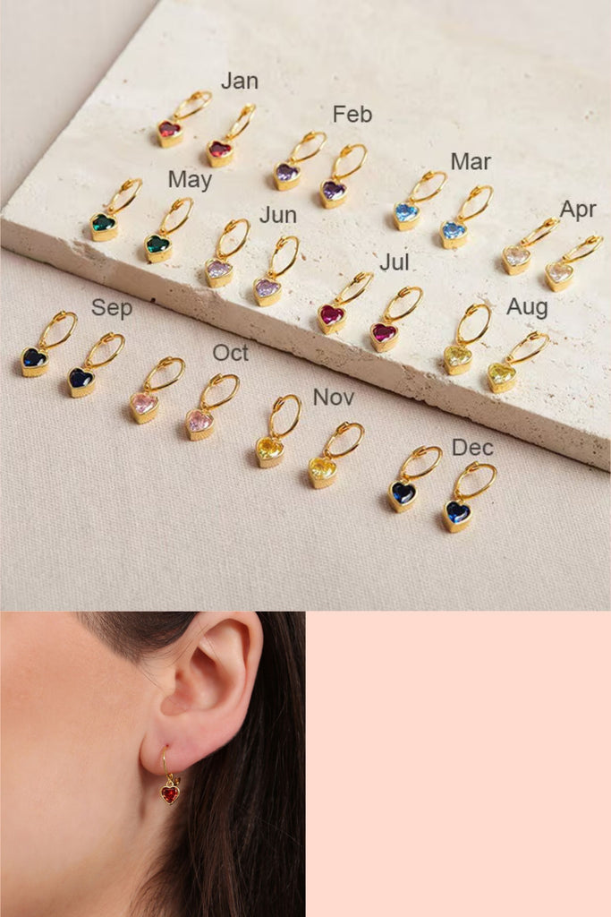 gold plated sterling silver dangle hoop earrings with love heart shaped cz crystal charms dangling below the earlobe available in 12 colours, 1 representing each month of the year