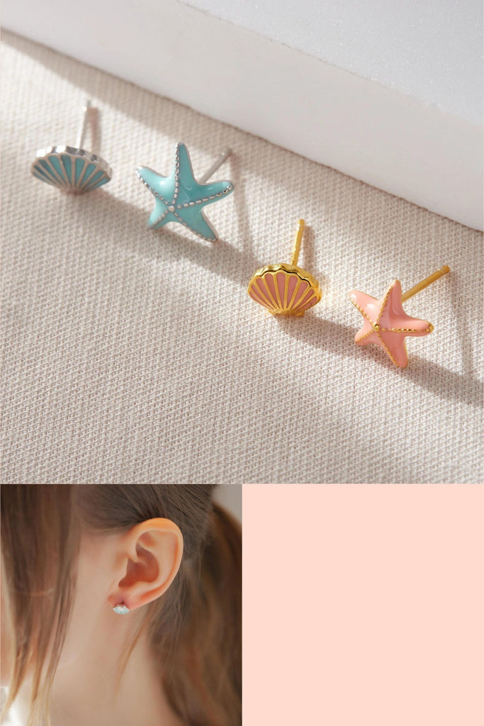 asymmetric stud earrings, one starfish and one seashell in a choice of coral and blue