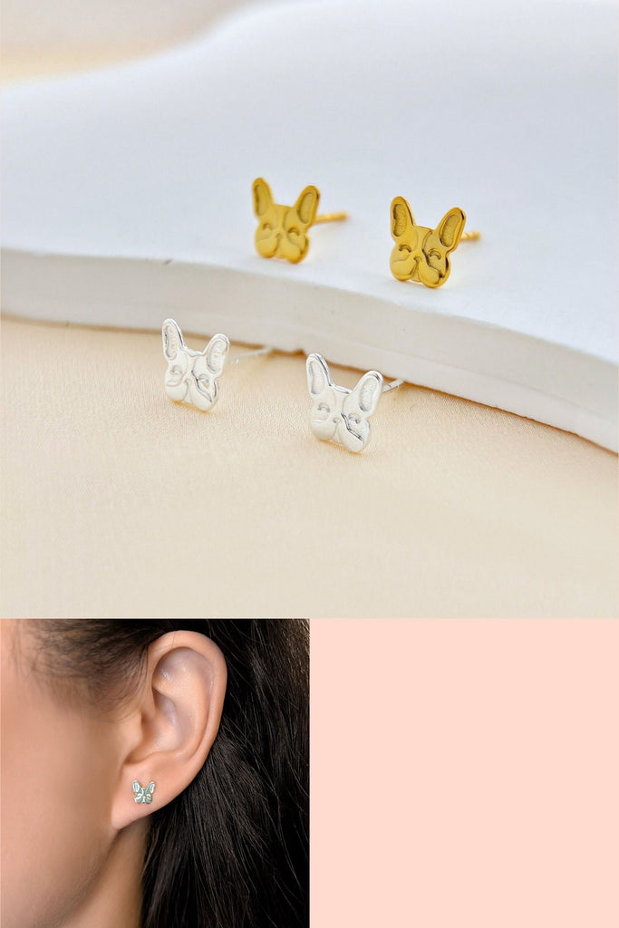 sterling silver stud earrings designed to look like french bulldog faces, both silver and plated gold s925 earrings with butterfly backs