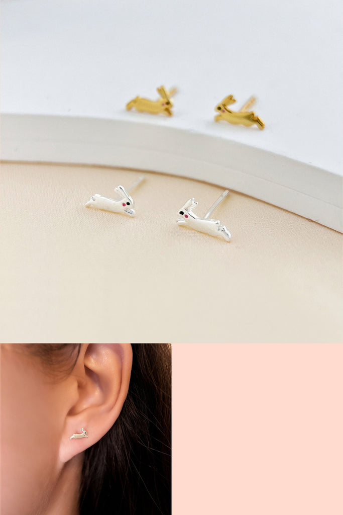 sterling silver and gold plated s925 sterling silver dainty rabbit stud earrings