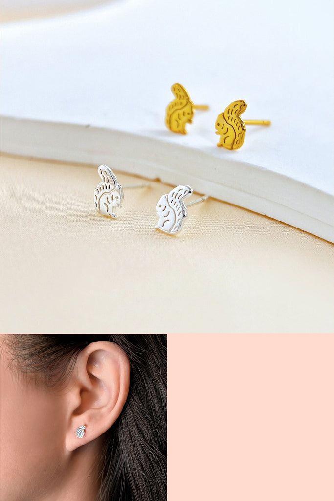 sterling silver squirrel stud earrings, dainty studs shaped like sitting squirrels with bushy tails