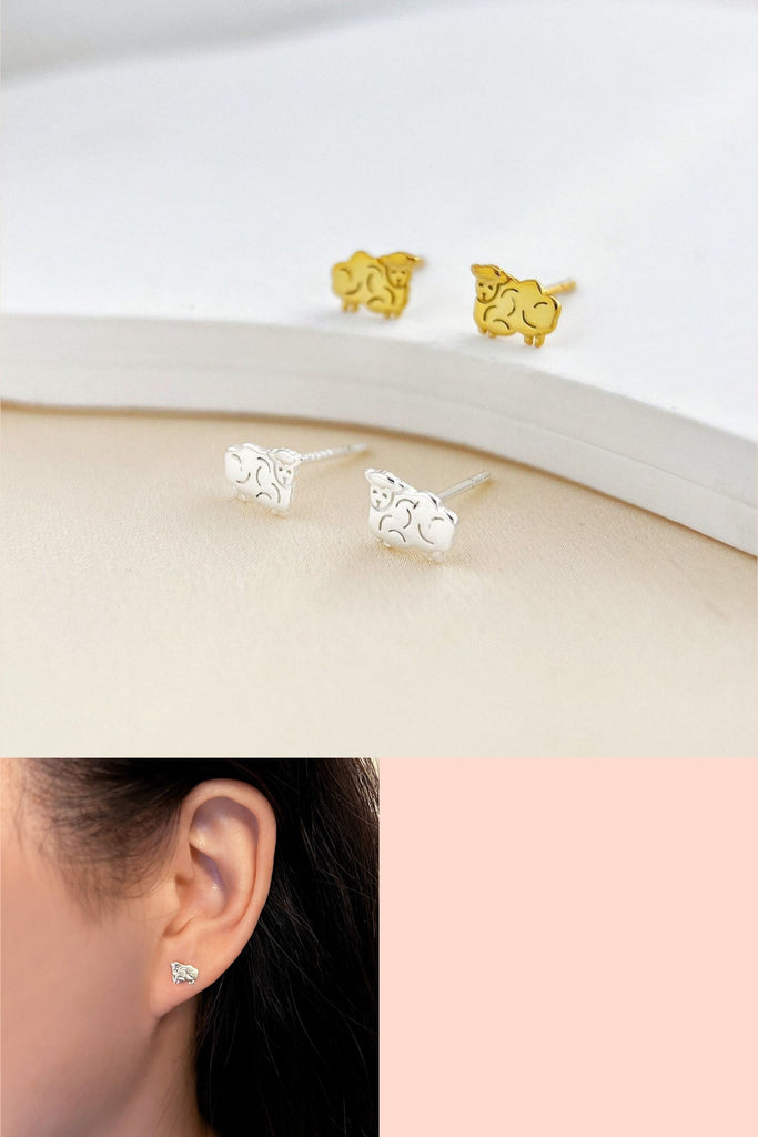 sterling silver stud earrings shaped like woolly sheep, available in silver and gold plated silver