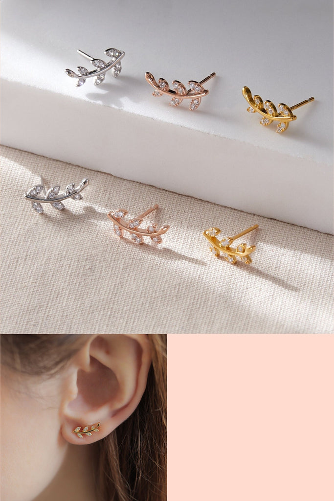 sterling silver and sparkly cz leaf stud earrings, available in silver, gold and rose gold.