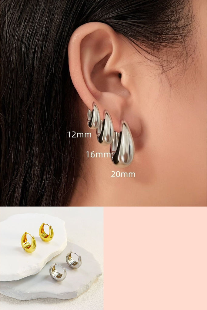 model wearing three sizes of these chunky hoop earrings, showing the 12mm, 16mm and 20mm options, also shown are the two colours of silver and gold